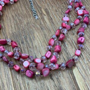 Triple Layered AB Crystals Pink Dyed Shell Glass Silver Tone Necklace